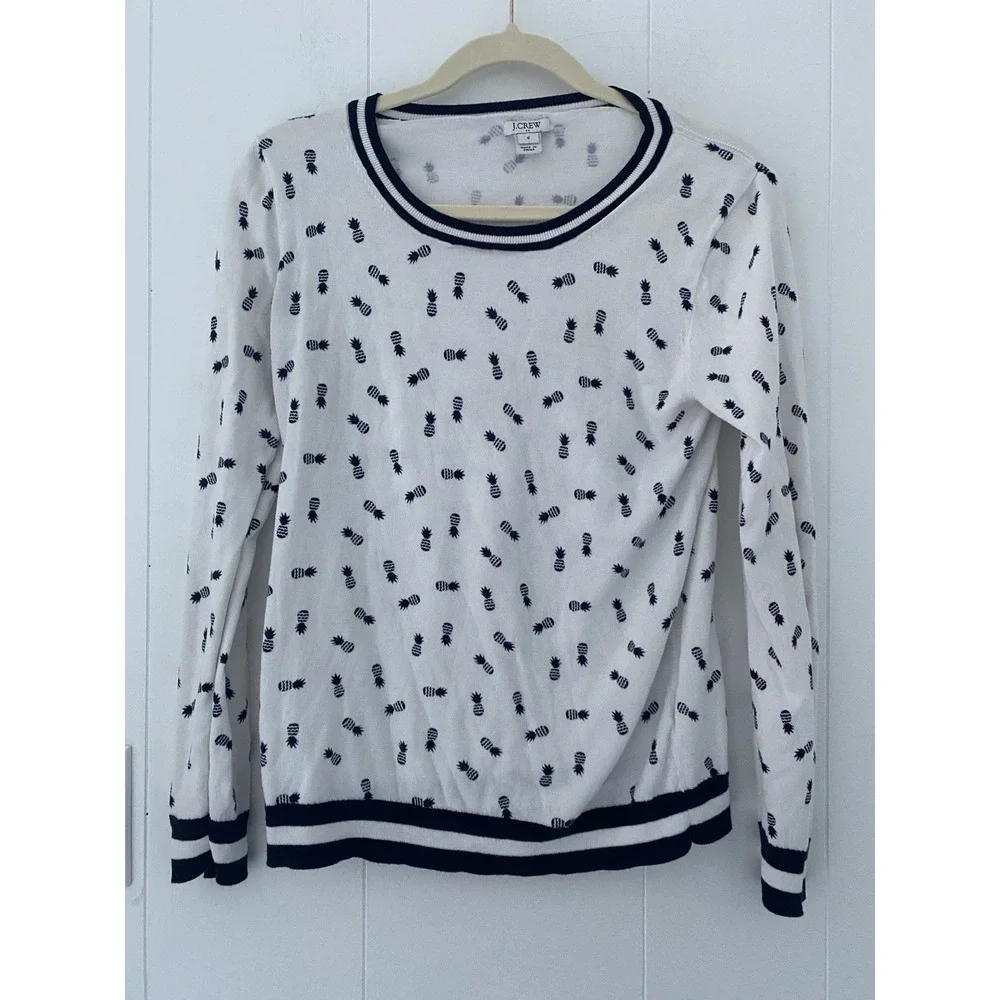 J.CREW‎ Cotton Crew Neck Sweater Pineapple Print Sz Small White Navy Cotton